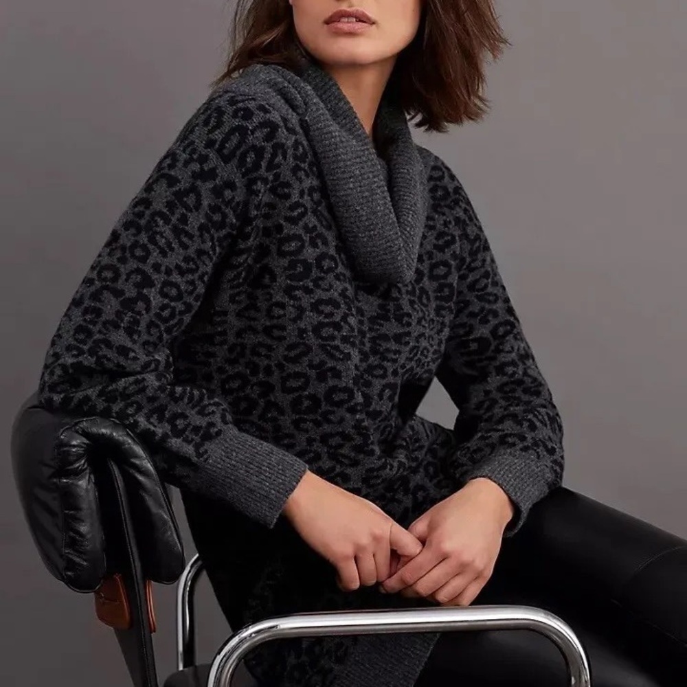 Anthropologie Emmy Cowl Neck Sweater Gray/black Leopard Tunic Size Small
